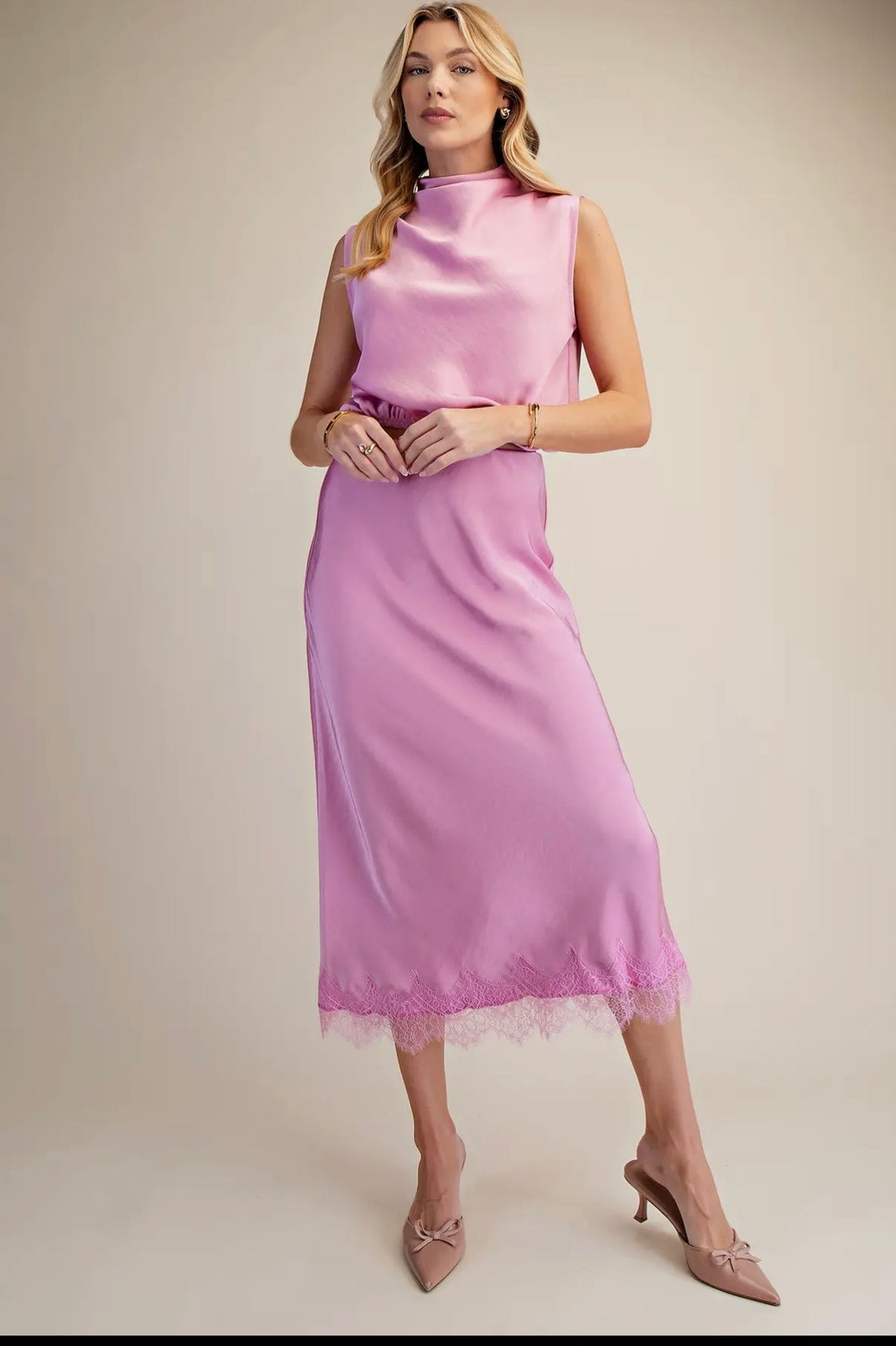 Pink Satin Effect Lace Midi Skirt