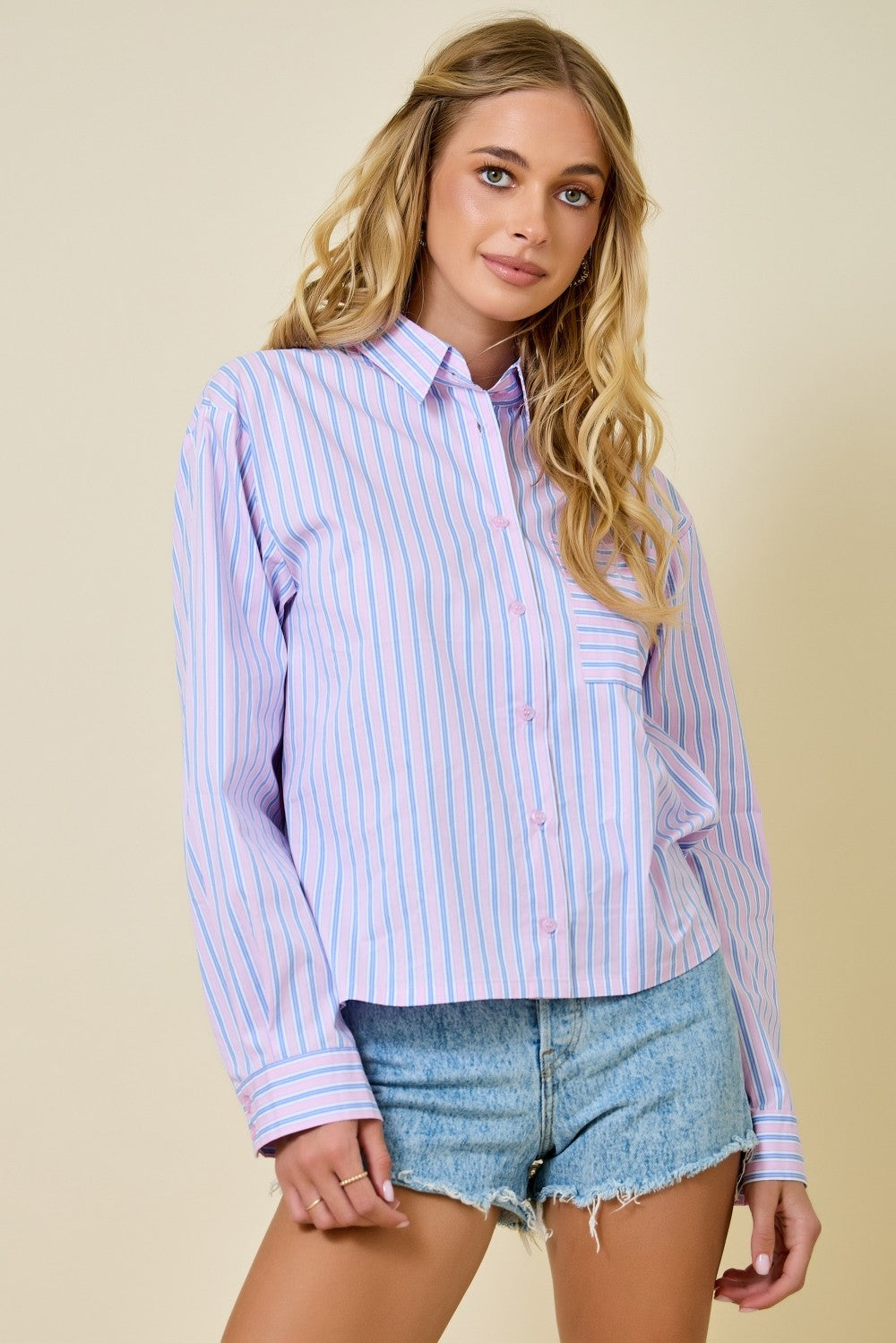 Pink/Blue Stripe Button Down Collared Shirt Top W/ Pocket