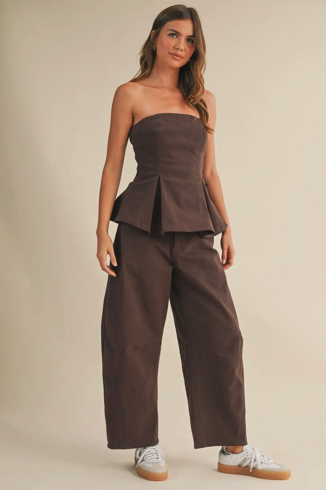 Pleated Straples Peplum Top and Barrel Pants Set