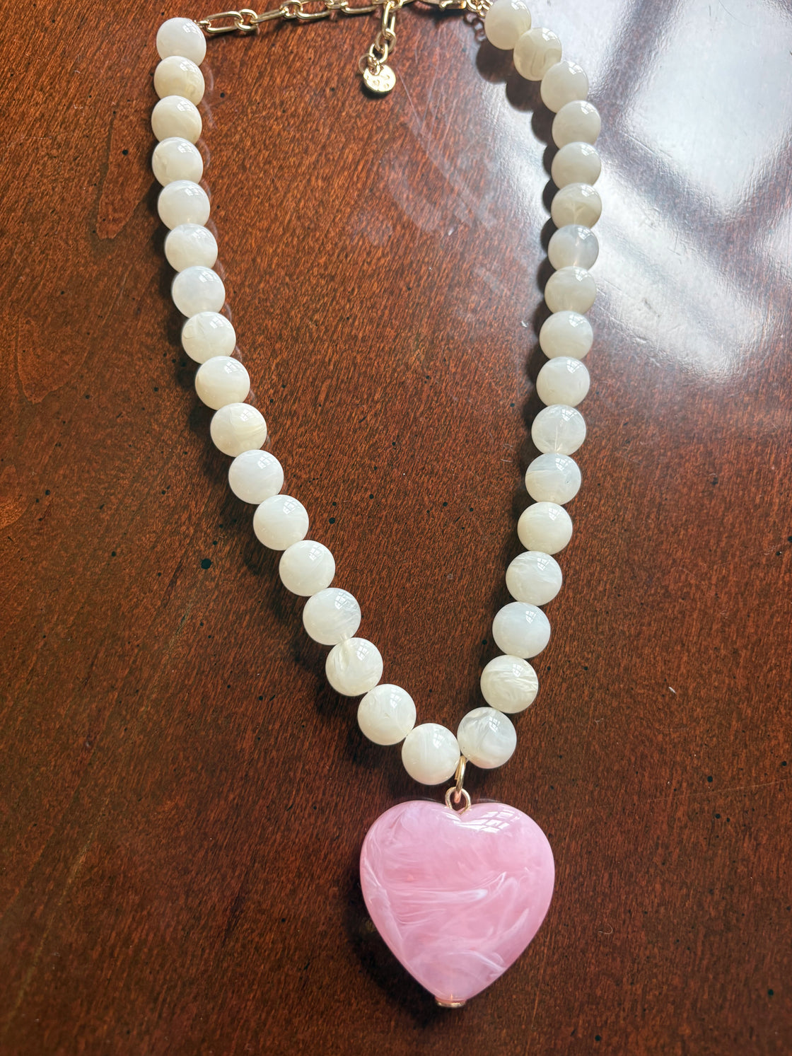 White Stone Circle with Pink Natural Stone Heart Charm