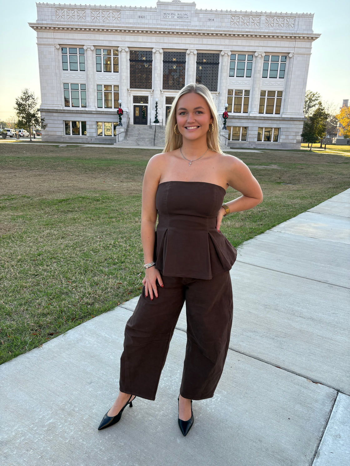 Pleated Straples Peplum Top and Barrel Pants Set