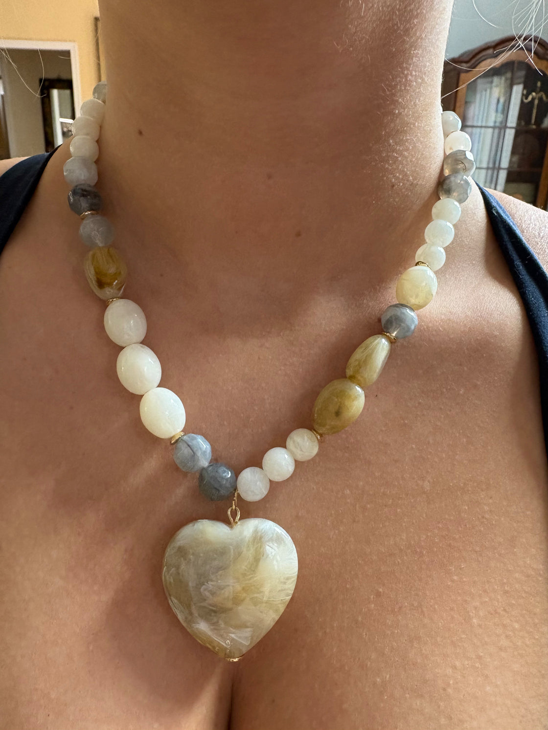 Grey, White. Cream Acrylic Beaded with Heart Charm Necklace