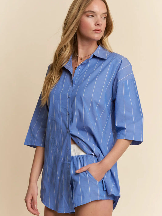 Striped Button Down Matching Shorts Set