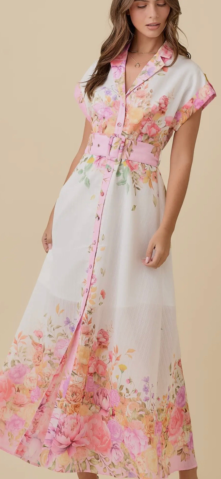 Floral Print Lapel Collar Button Down
Maxi Dress