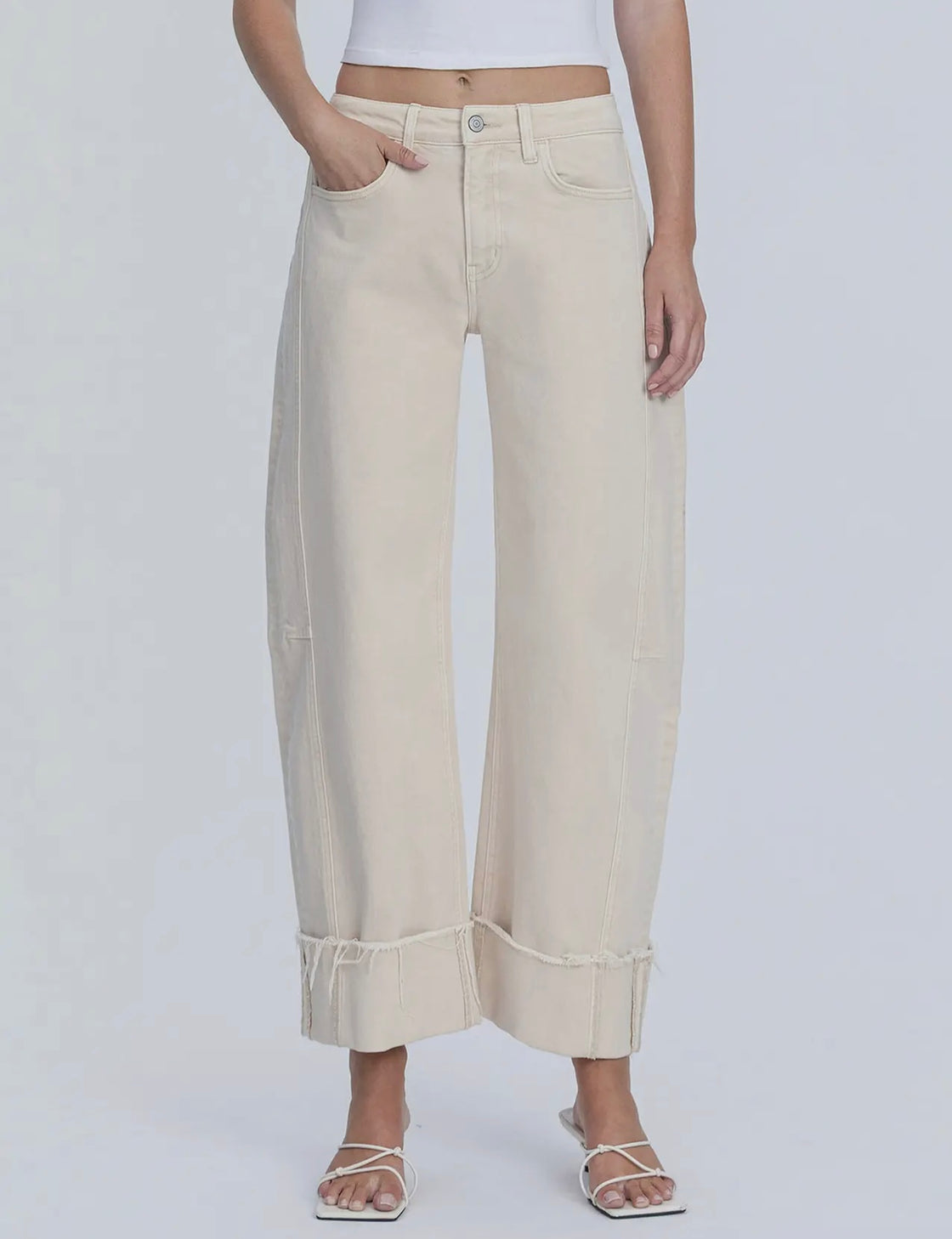 High Rise Side Panel Crop Cuffed Barrel Jeans