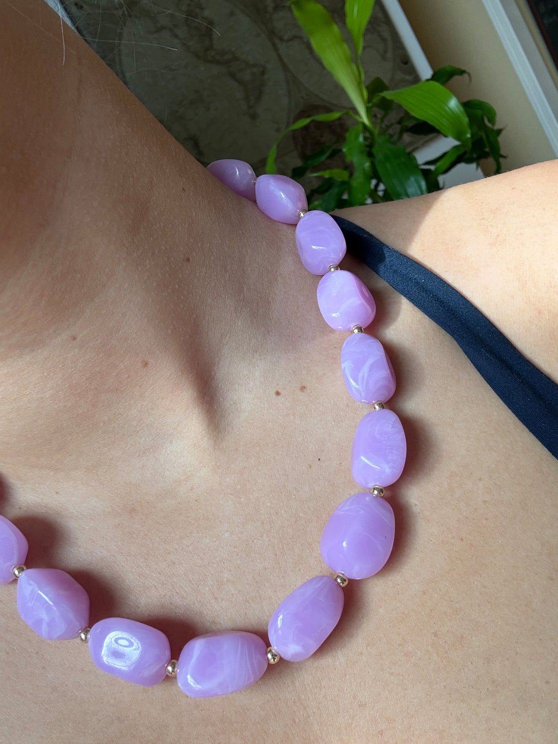 Purple/Lavender Oval Acrylic Natural Beaded Necklace