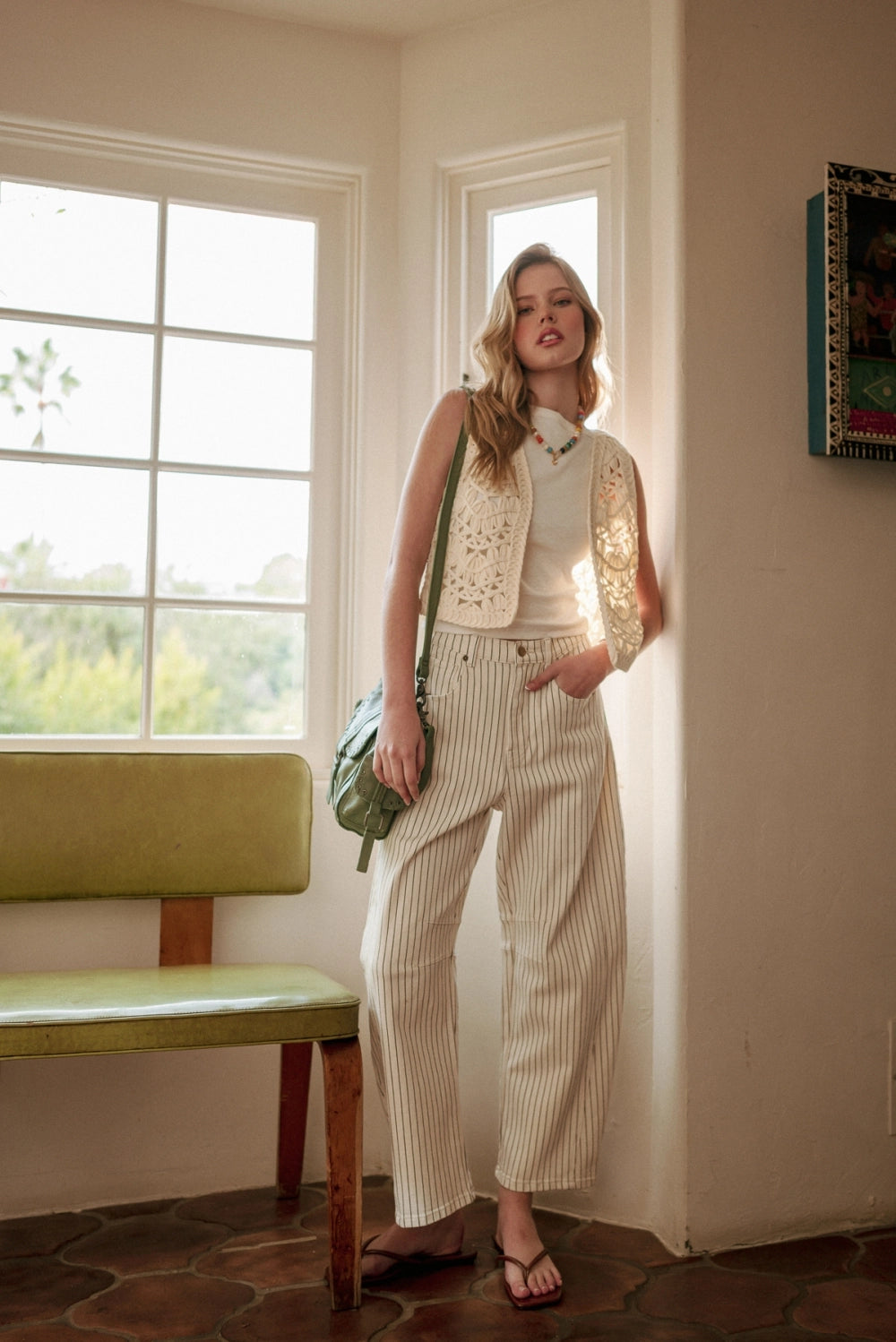 Pinstriped Pattern Barrel Pants WHITE/BLACK