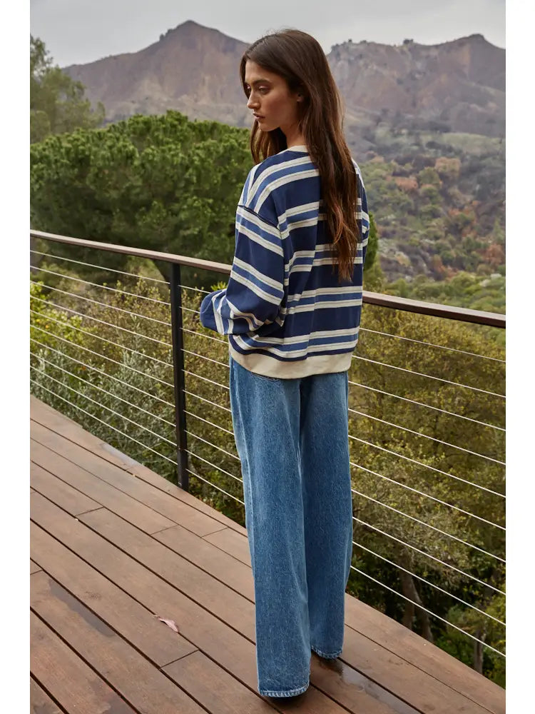 Knit Cotton Striped Crew Neck Long Sleeve Top