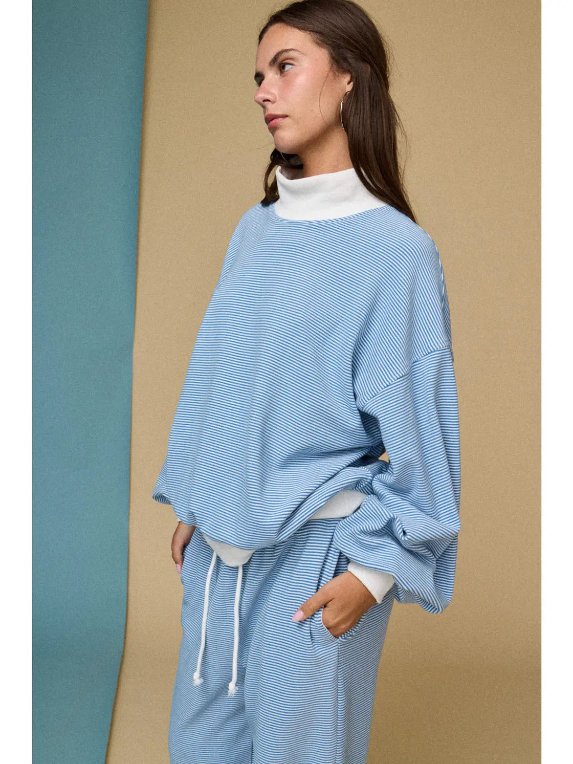 Baby Blue Mock Neck Stripe Lounge Set