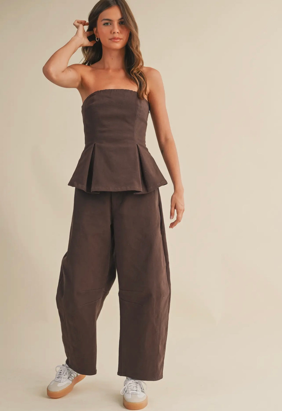Pleated Straples Peplum Top and Barrel Pants Set