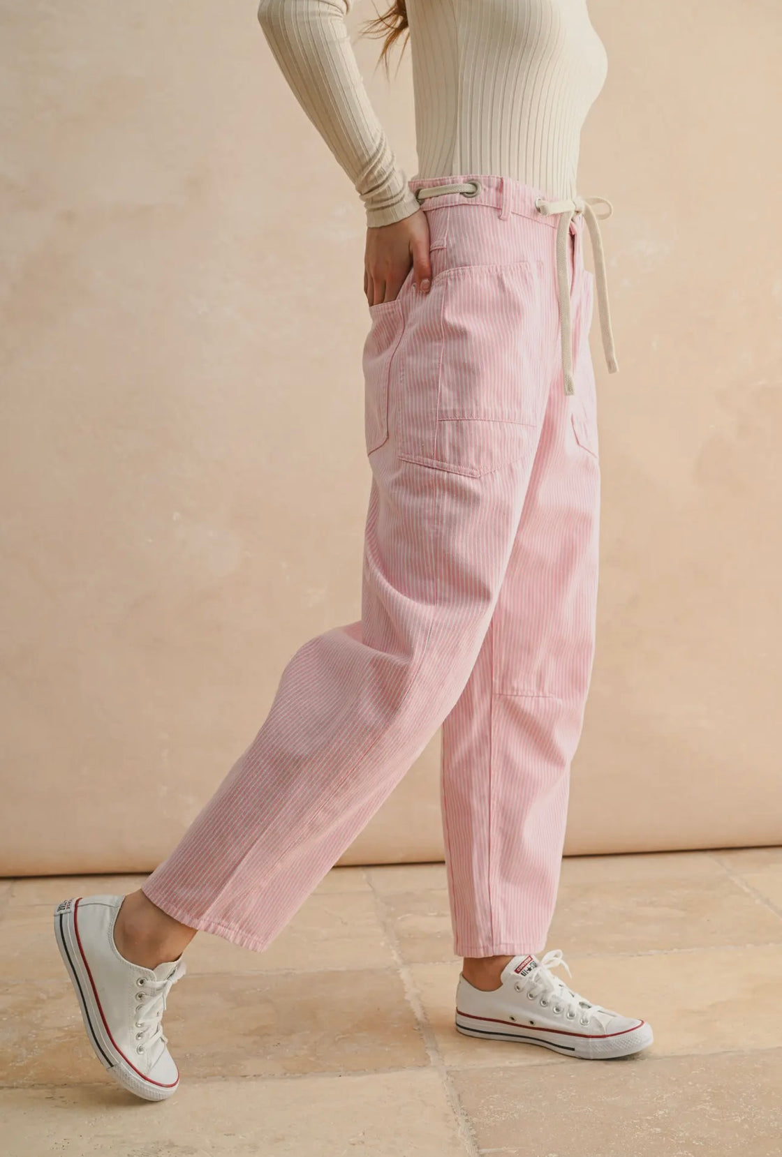Pink Striped Barrel Pants with Tied in Front
