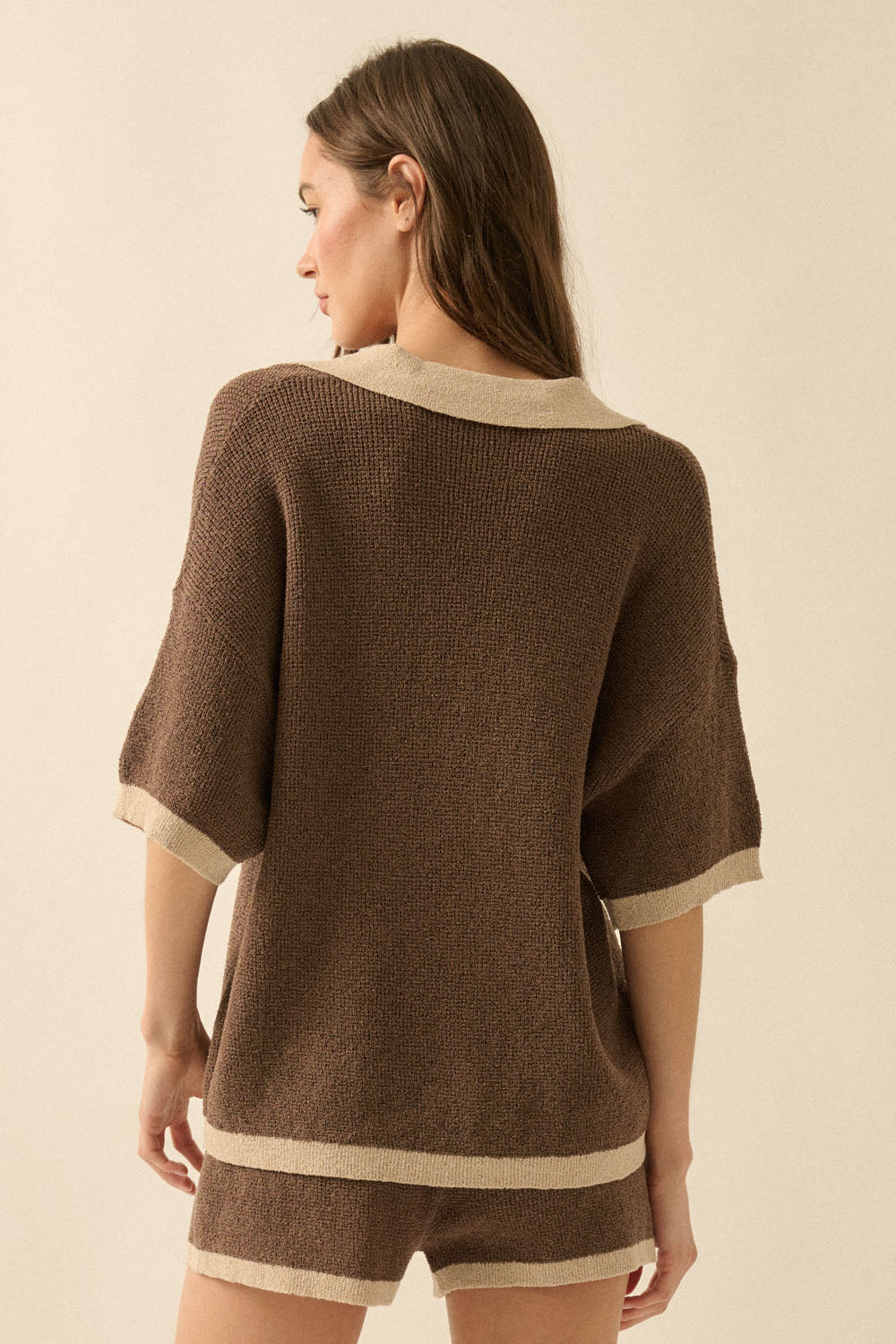 Solid Knit Contrast Polo Sweater and Wide Leg Sweater Shorts Set