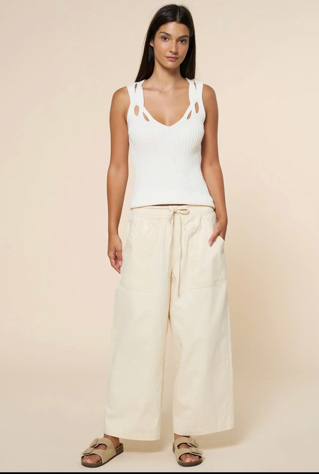 Cream Ribbed Cut Out Strap Knit Tank Top