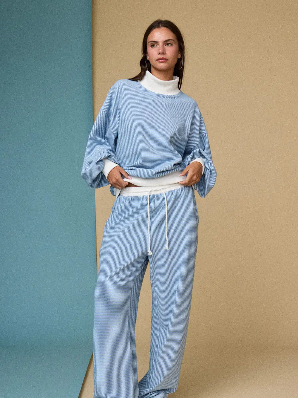 Baby Blue Mock Neck Stripe Lounge Set