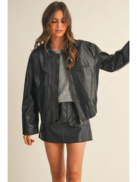 WASHED LEATHER ZIP UP JACKET | Black