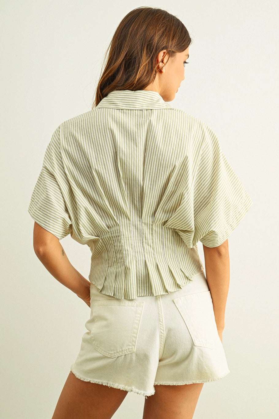Sage Stripe Button Front Shirts with Pleated Waist Detail