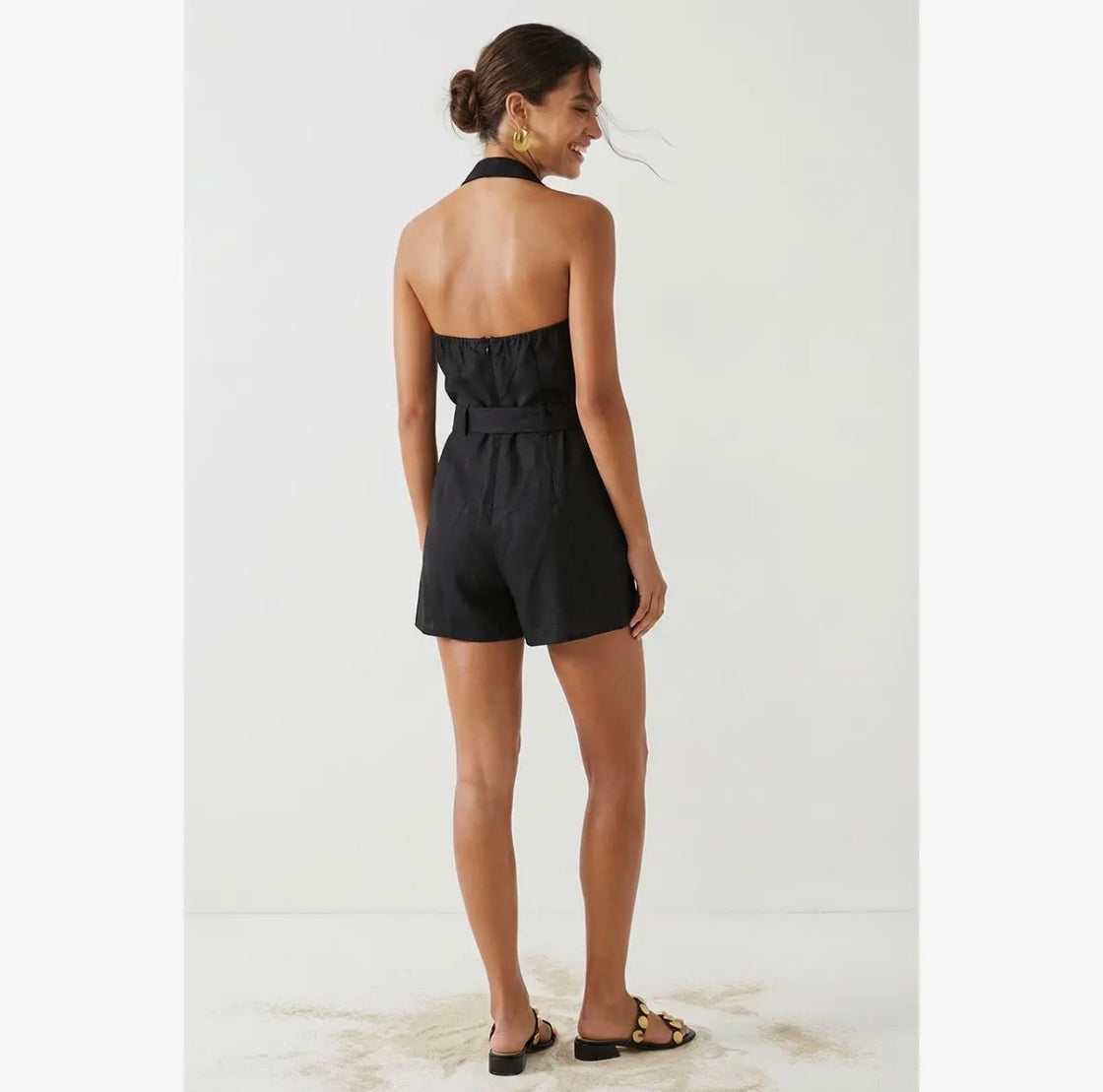 Black Belted Linen Halter Romper