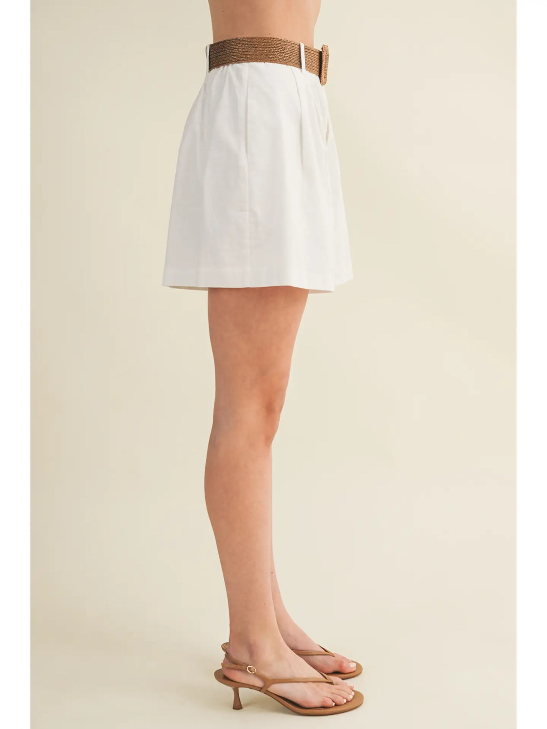 White Woven Belt High Rise Pleated Shorts