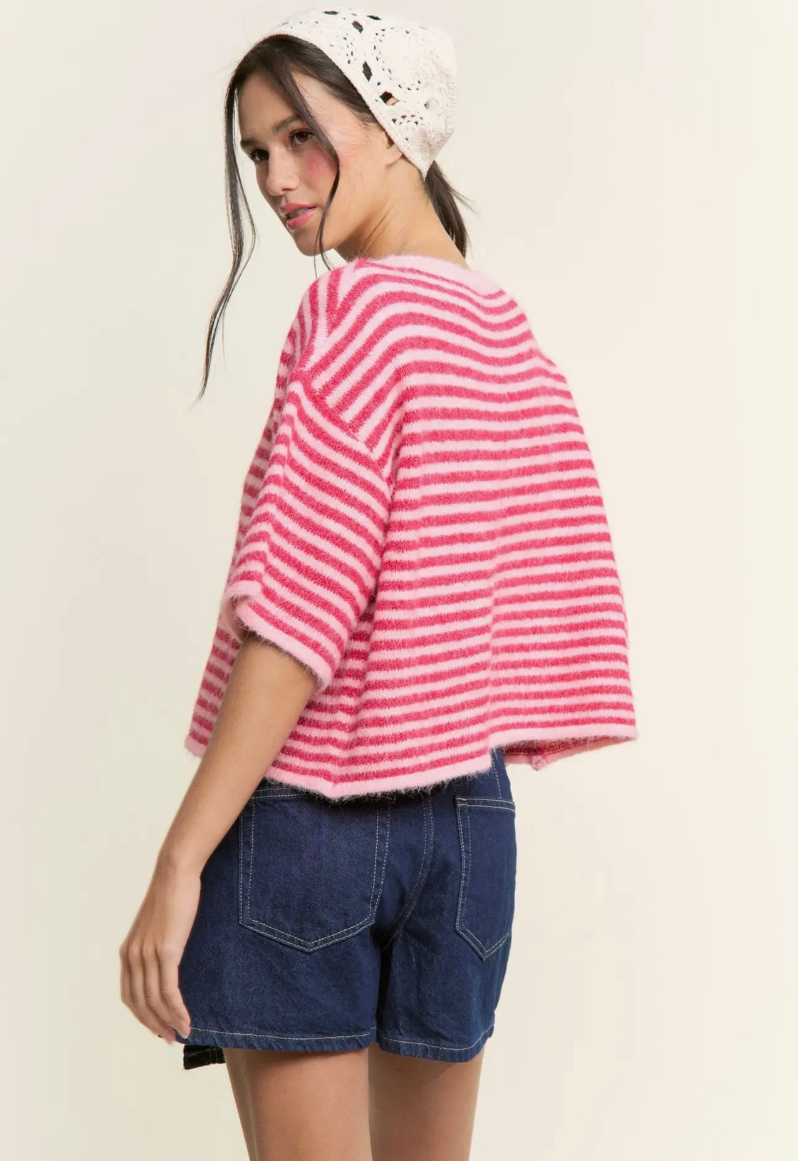 Fuchsia Striped Cropped Soft Knit Cardigan - Lou Cardigan