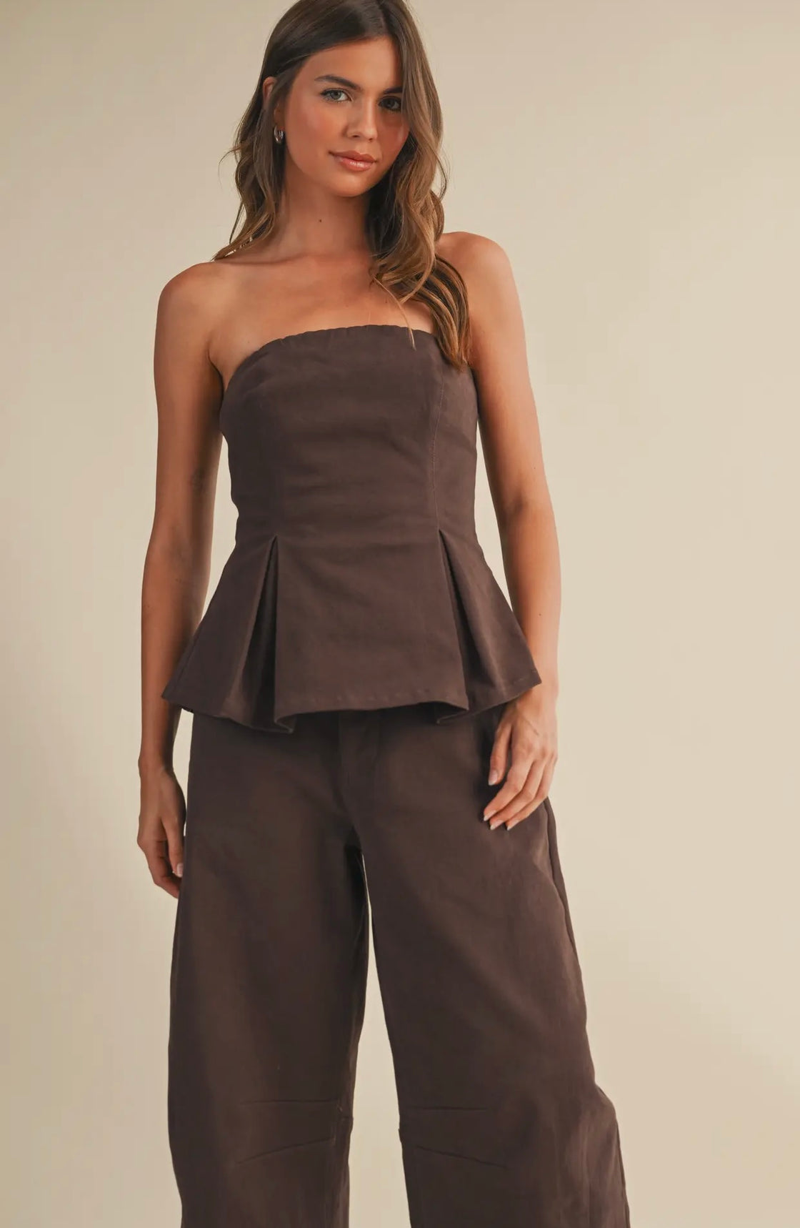 Pleated Straples Peplum Top and Barrel Pants Set