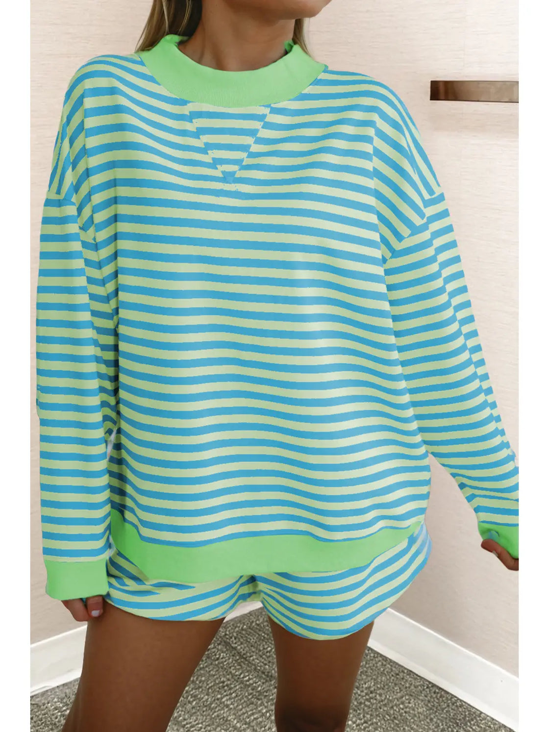 Green Stripe Pullover Shorts Set