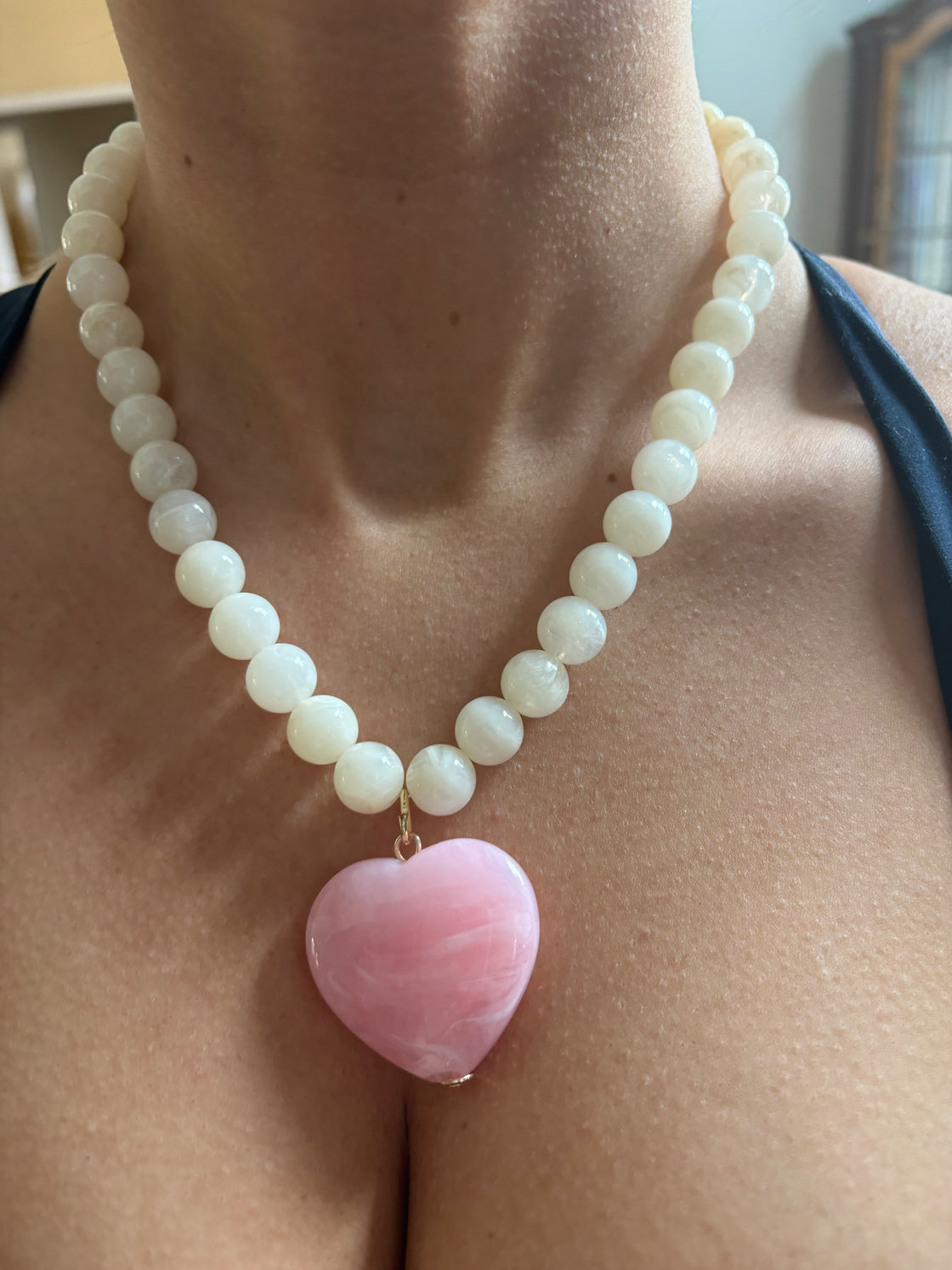 White Stone Circle with Pink Natural Stone Heart Charm