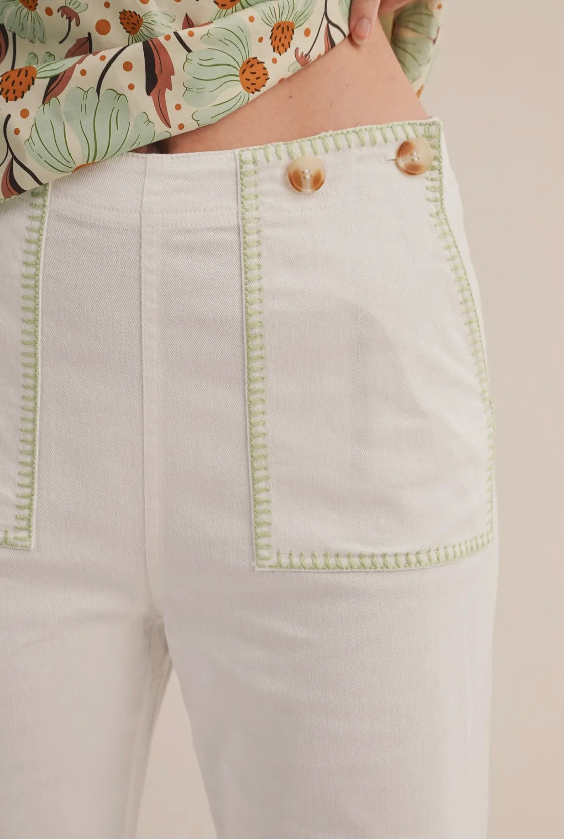 OFF White High Waist Wide Leg Pants with Green Contrast
Stitching