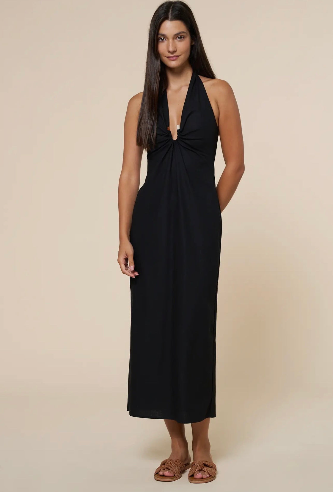 Bead Gathered Plunging Halter
Maxi Dress