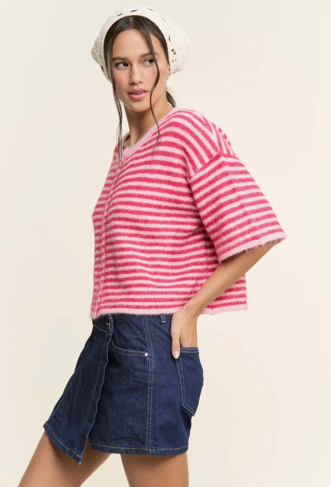Fuchsia Striped Cropped Soft Knit Cardigan - Lou Cardigan