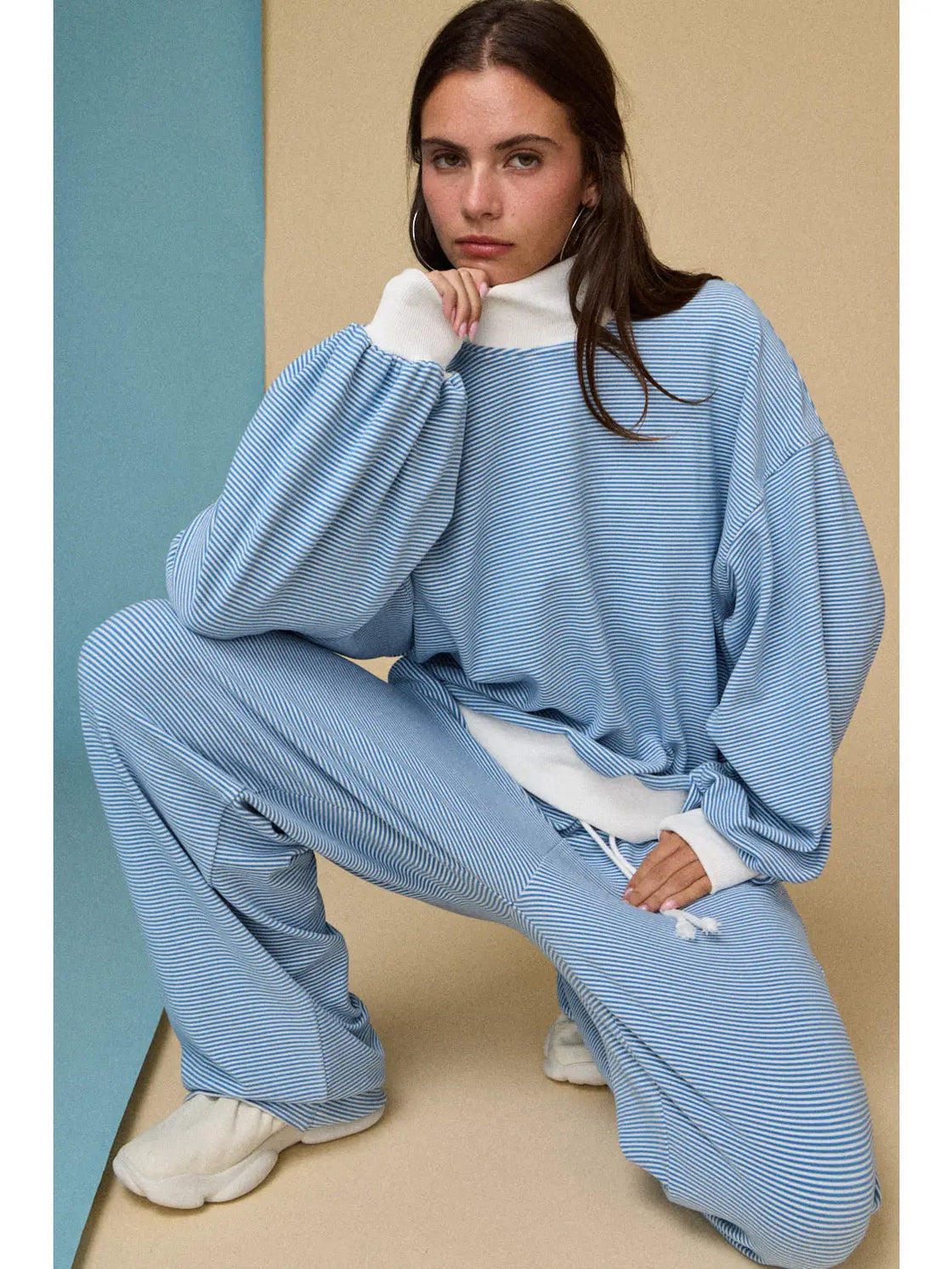Baby Blue Mock Neck Stripe Lounge Set