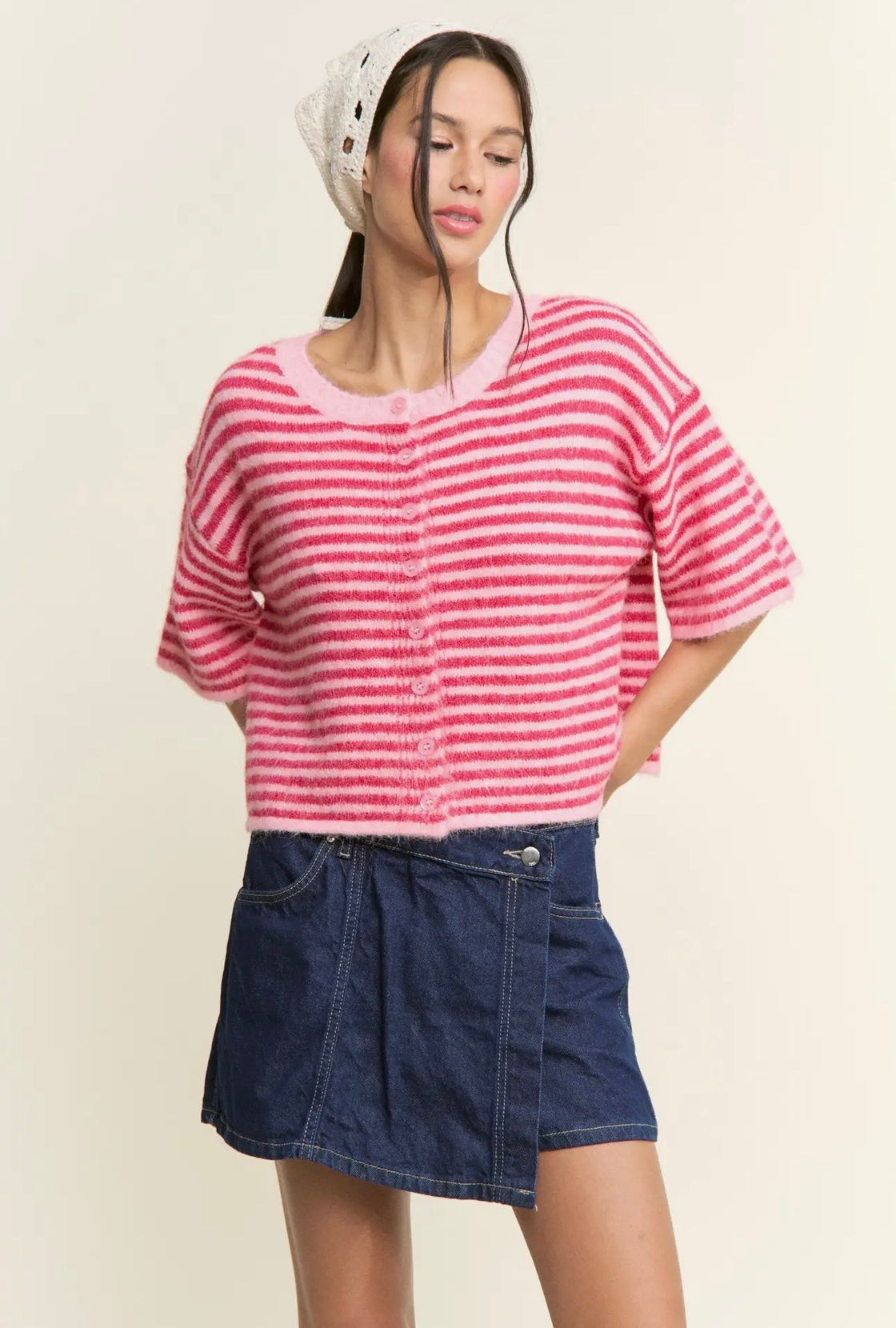 Fuchsia Striped Cropped Soft Knit Cardigan - Lou Cardigan