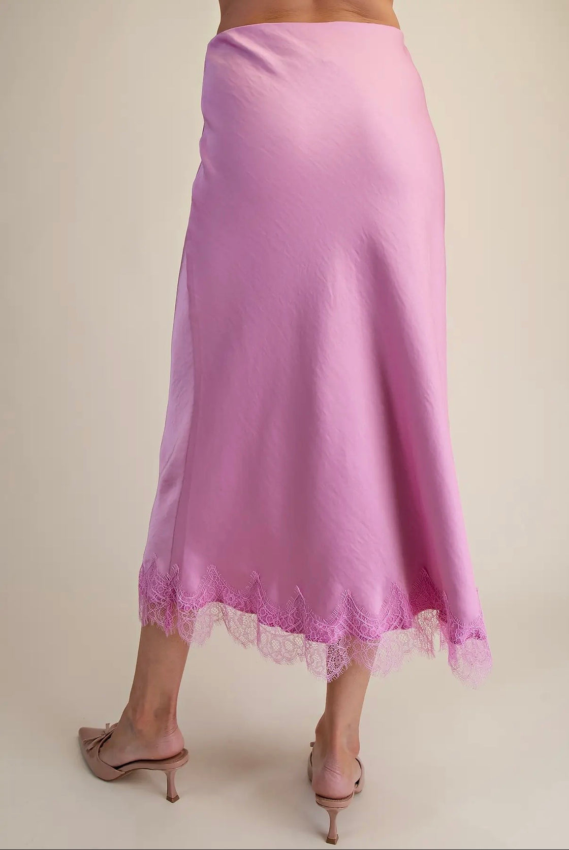 Pink Satin Effect Lace Midi Skirt