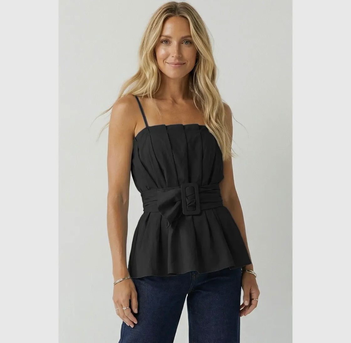 Black Buckle Pleated Sleeveless Top