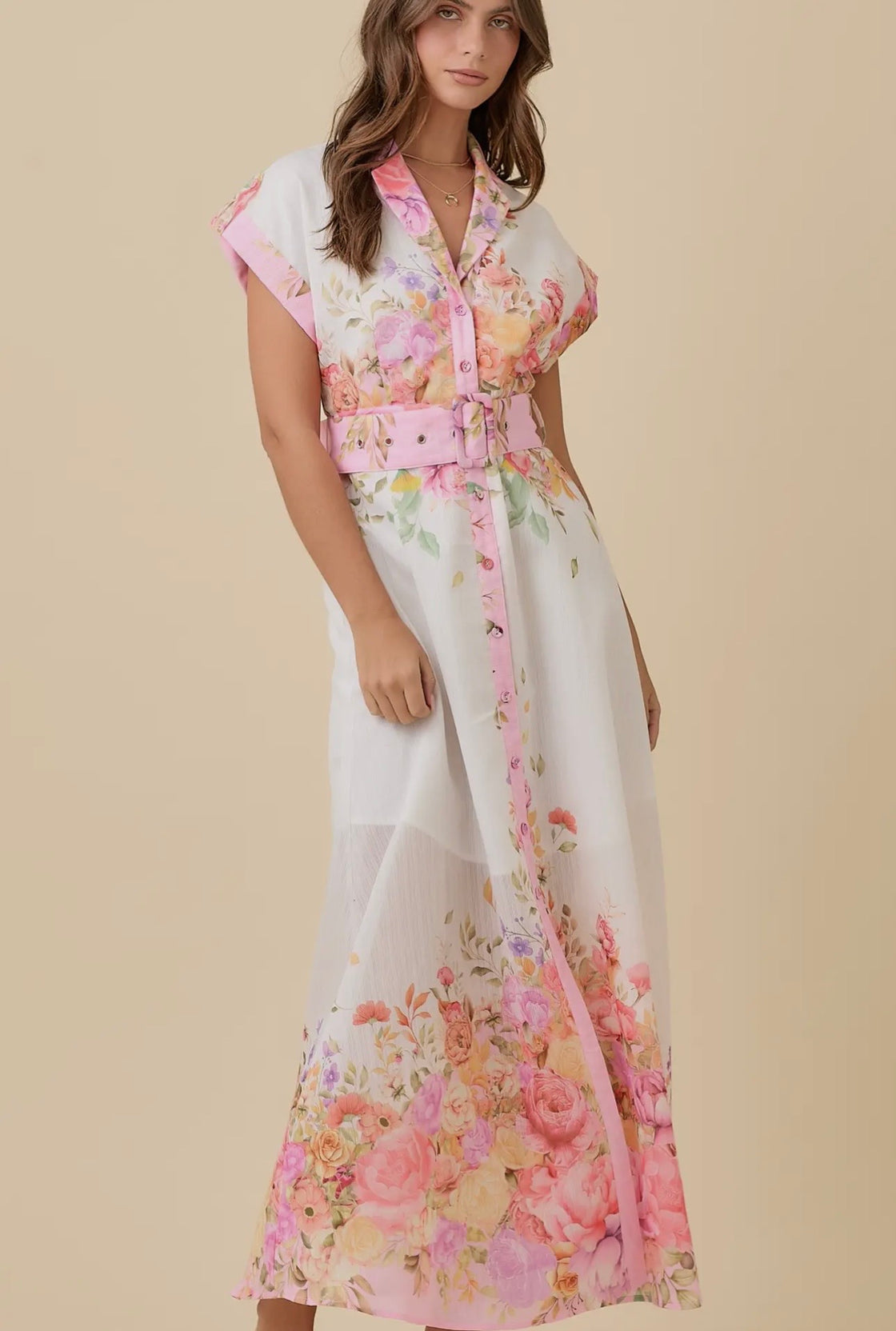 Floral Print Lapel Collar Button Down
Maxi Dress