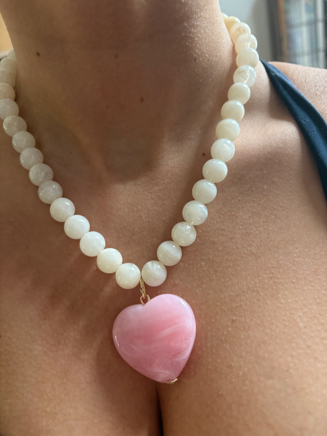 White Stone Circle with Pink Natural Stone Heart Charm