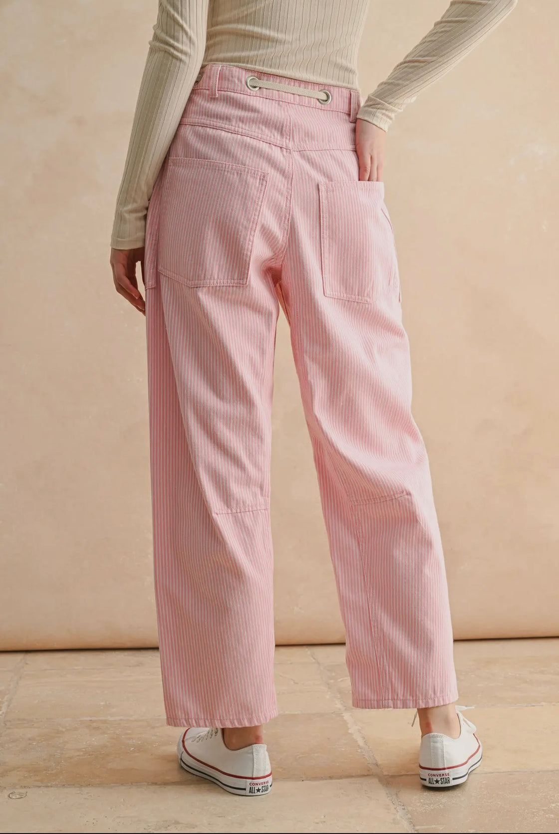 Pink Striped Barrel Pants with Tied in Front
