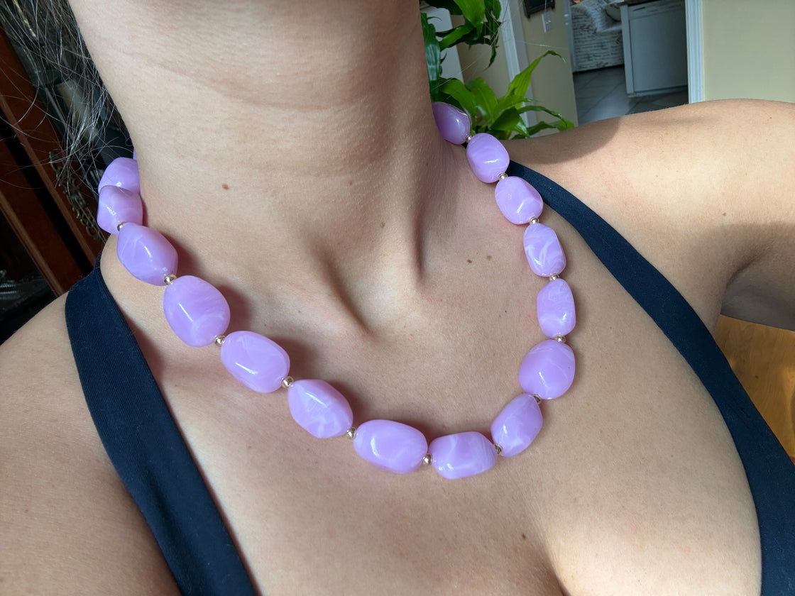Purple/Lavender Oval Acrylic Natural Beaded Necklace