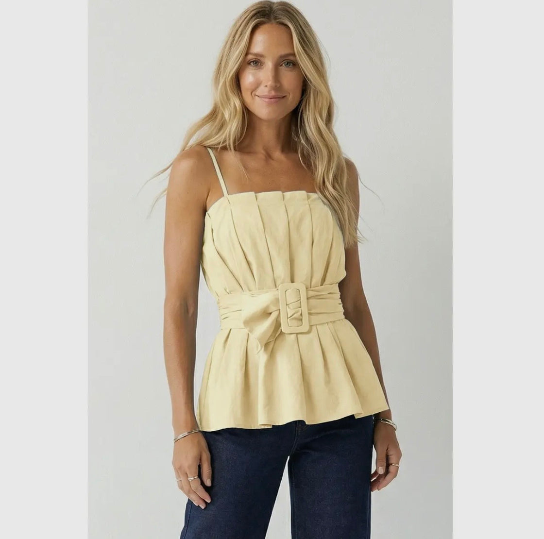 Yellow Buckle Pleated Sleeveless Top