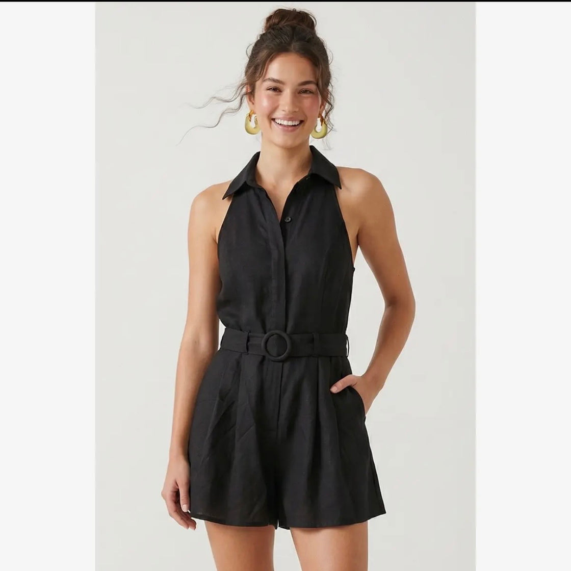 Black Belted Linen Halter Romper