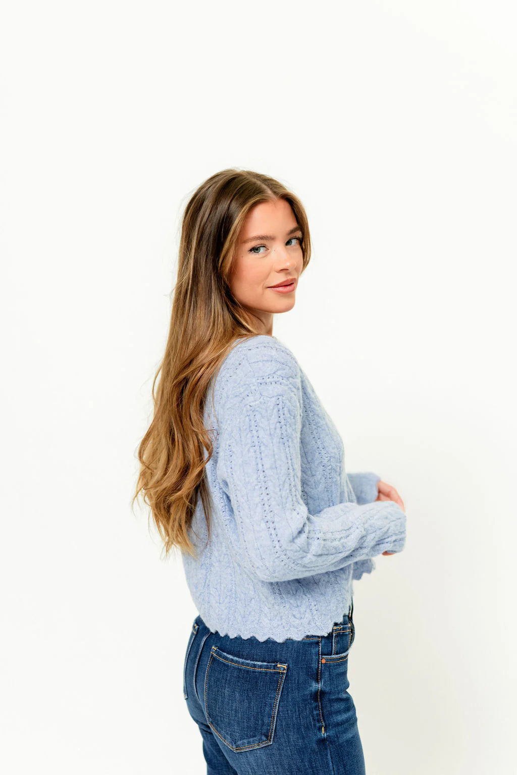 Scallop Hem Cable
Knit Cardigan