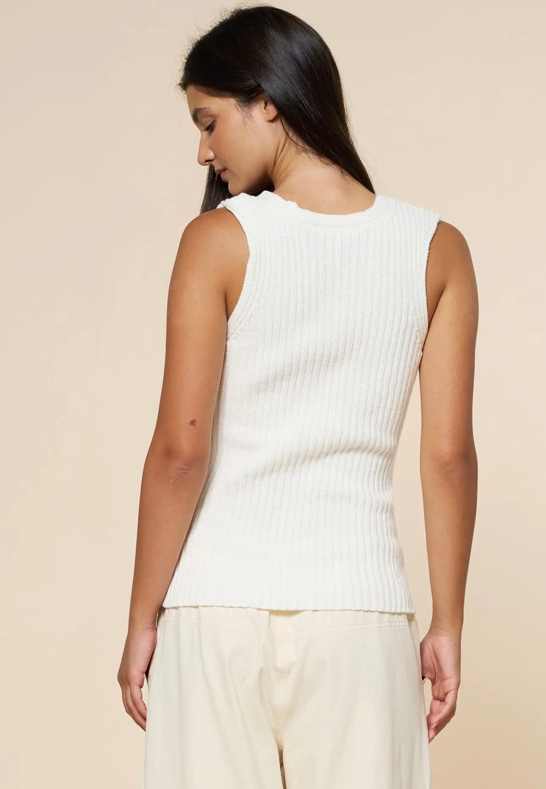Cream Ribbed Cut Out Strap Knit Tank Top