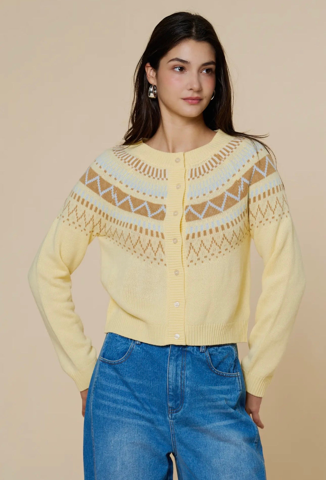 Lemon Fair Isle Pattern Button Down Cardigan