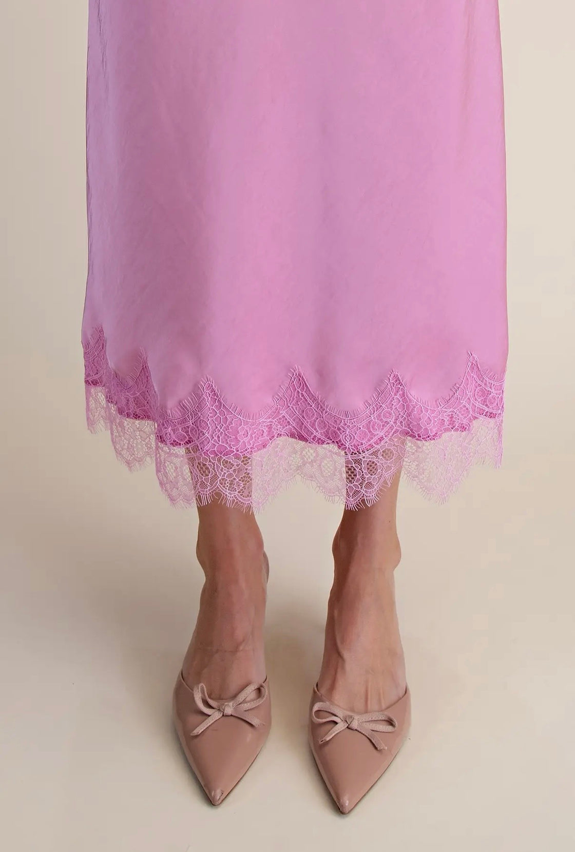 Pink Satin Effect Lace Midi Skirt