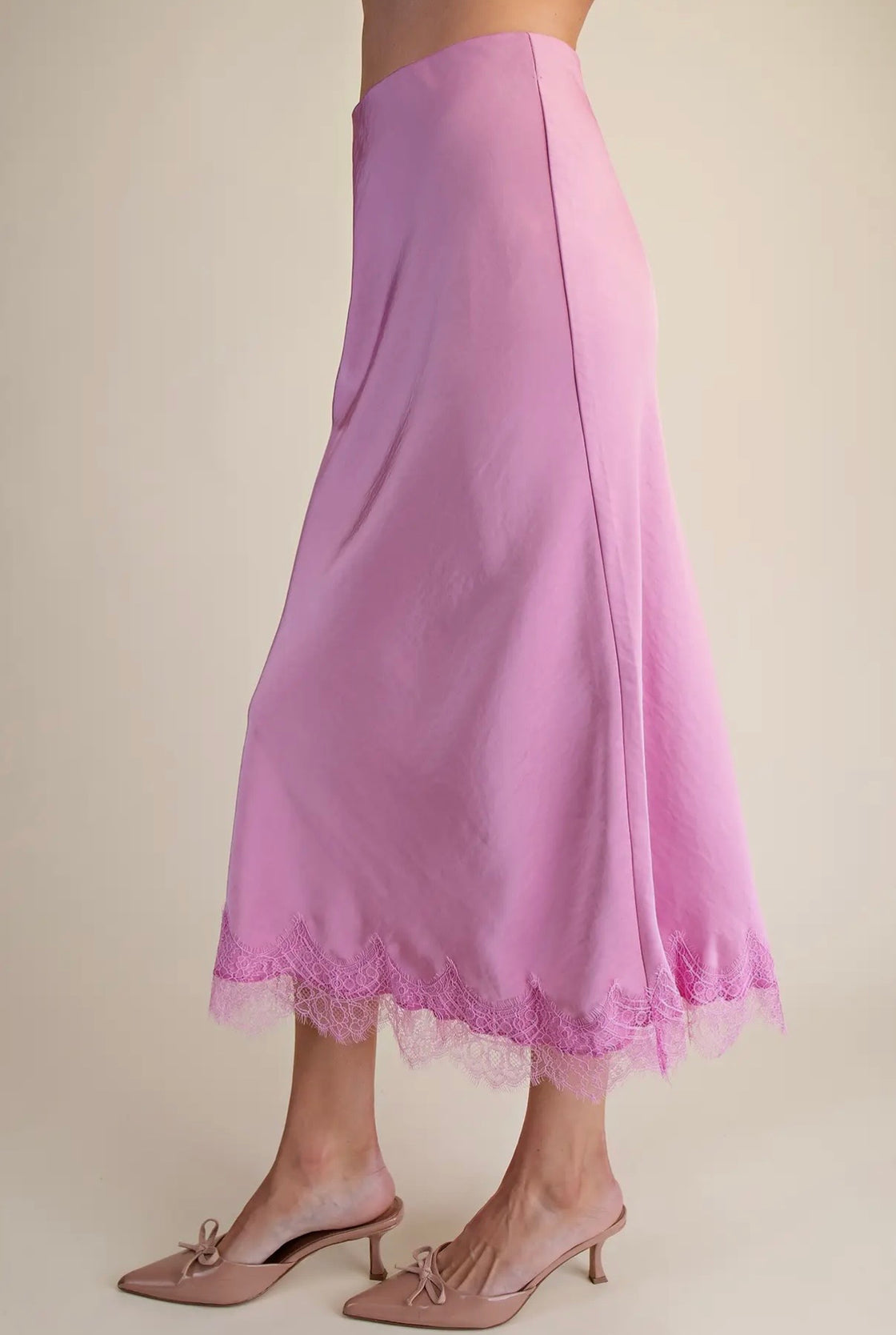 Pink Satin Effect Lace Midi Skirt