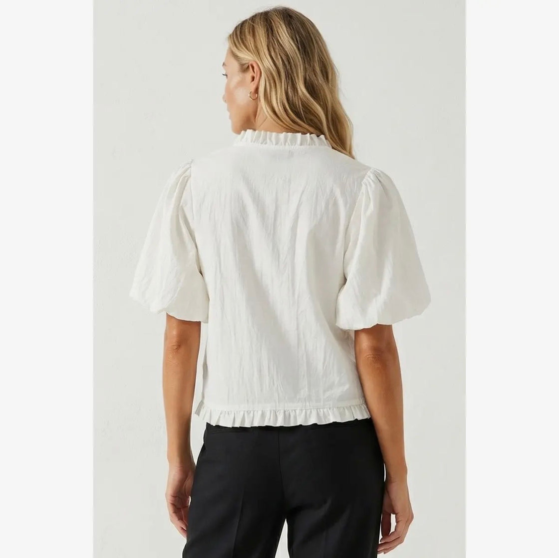 Off White Ruffle Detail Bubble Sleeve Top