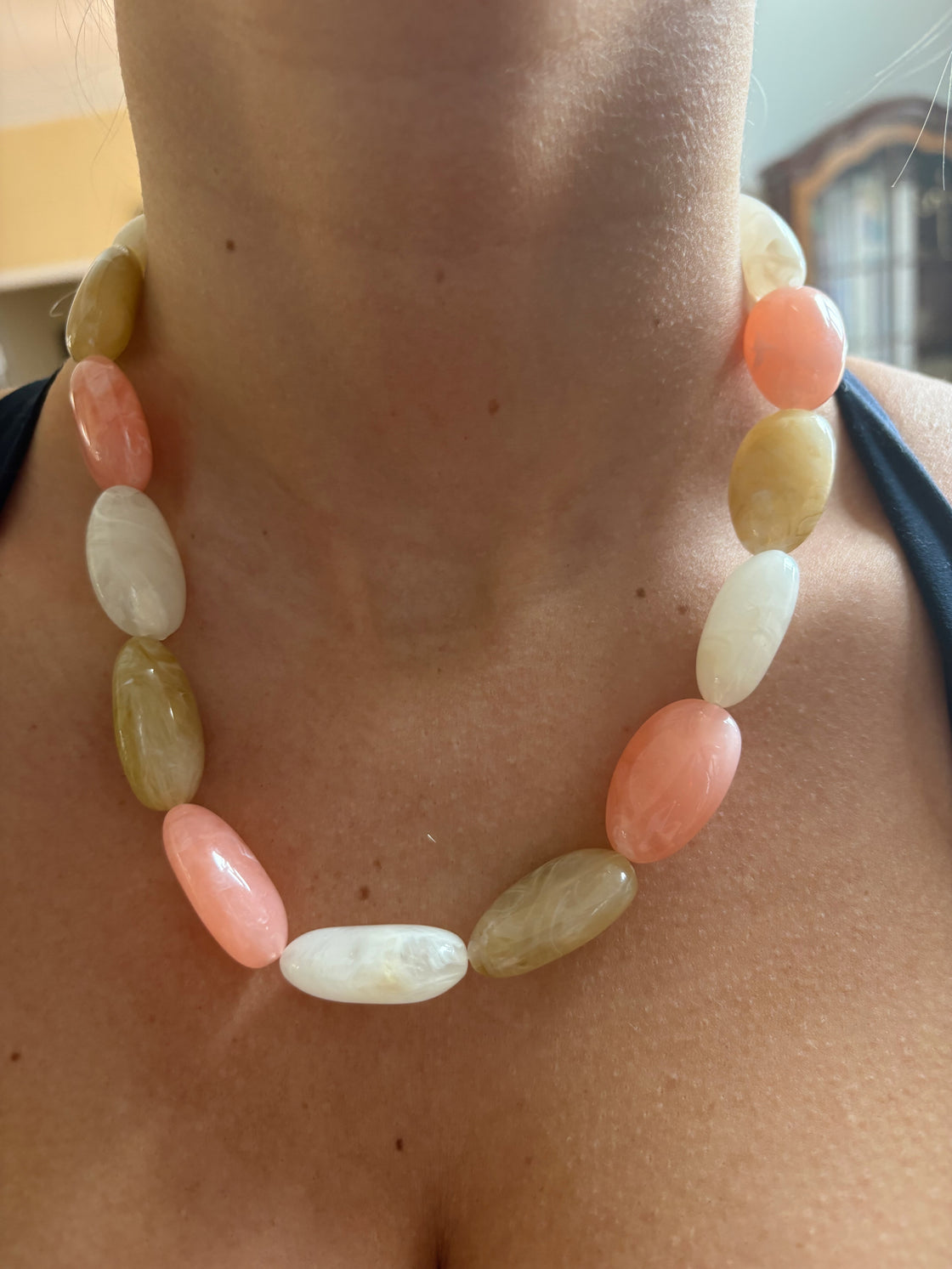 Cream, Light Pink, and Brown Stone Necklace