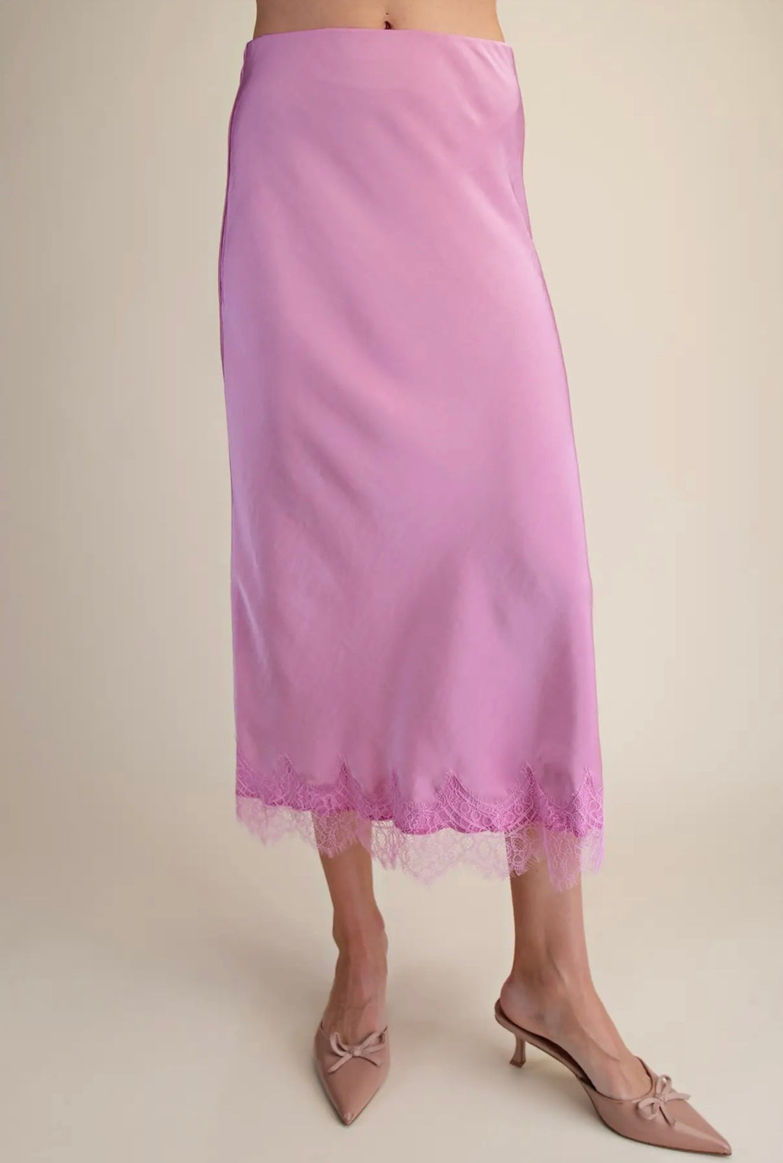 Pink Satin Effect Lace Midi Skirt