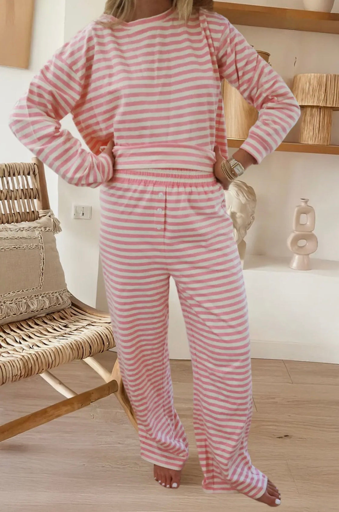 Pink Missy Stripe Top and Buttoned Straight Pants
Lounge Set
