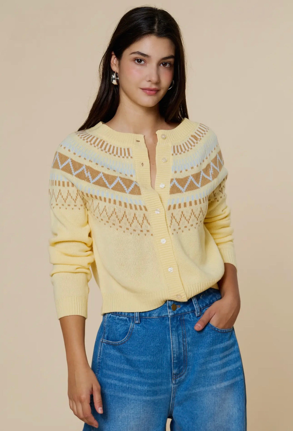 Lemon Fair Isle Pattern Button Down Cardigan