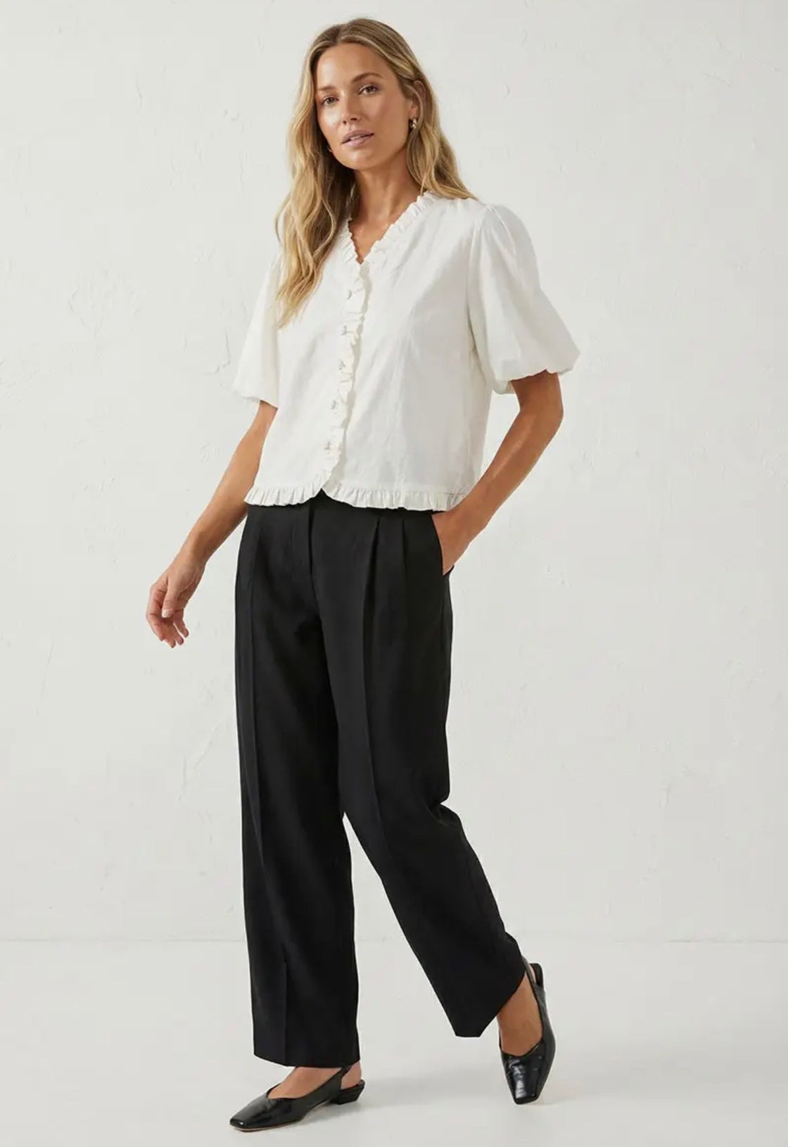 Off White Ruffle Detail Bubble Sleeve Top